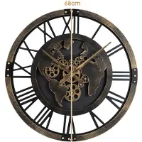 Costway Grote wandklok, 68 cm, tandwielklok met wereldkaart en bewegende tandwielen, decoratieve metalen klok, batterijgevoede wanddecoratie voor de keuken, bruin