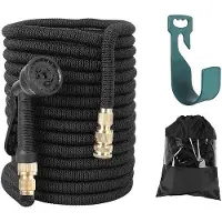 Unyqoos Uitrekbaar tuinslang, 30 meter (100 voet) – flexibele waterslang met spuitkop met 8 functies, zwart, koperen aansluitingen 1/2" en 3/4", 3-laags latex, 3750D polyester