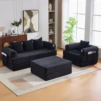 STILVORA Hoekbank 200 x 95 x 67 cm - Modulair Met Hocker En Opbergvak - Voor Woonkamer En Appartement - Corduroy Zwart