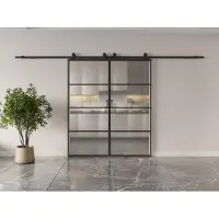 Vente-unique Dubbele schuifdeur met wandbevestiging - aluminium en gehard matglas - 2 x H205 x L73 cm - SINCA II