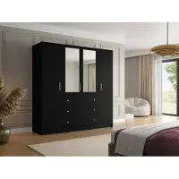 Vente-unique Kast met 4 deuren en 3 lades - Met spiegel - L196 cm - Zwart - LIZANDRO