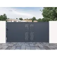 Vente-unique Elektrische schuifpoort in aluminium met motieven - Halfopengewerkt - L.416 x H.180 cm - Antraciet - GREGOR