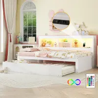 Sweiko slaapbank, dagbed, 90x200 cm, met LED-verlichting, opbergruimte aan de zijkant van het bed, uitschuifbaar bed, stopcontact + USB-poort, zonder matras, wit