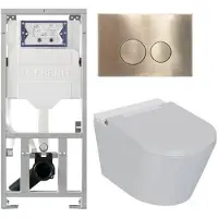 Geberit QeramiQ Luma Douche WC Set - UP320 inbouwreservoir - met Burda frame - fohn - ladydouche - geborsteld messing bedieningsplaat - ronde knoppen - glans wit SW1247816/SW706200/0701131