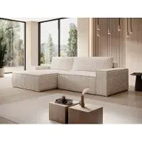 Vente-unique Hoekslaapbank met hoek links van beige ribfluweel met brede ribbels AMELIA