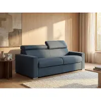 Vente-unique Vierzitsslaapbank express van blauwe stof - Bed van 160 cm met brede latten - Matras 22 cm met schuim met vormgeheugen VIZIR