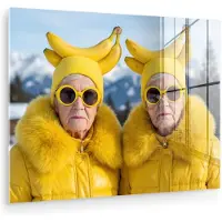 MuchoWow Glasschilderij 40x30 cm - Schilderij acrylglas - Vrouwen - Bananen - Geel - Foto op glas - Muurdecoratie woonkamer - Wanddecoratie slaapkamer - Schilderijen