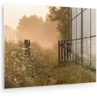MuchoWow Glasschilderij 120x90 cm - Schilderij acrylglas - Hek - Natuur - Mist - Veld - Foto op glas - Muurdecoratie woonkamer - Wanddecoratie slaapkamer - Schilderijen