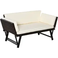 Merax 2-Zits Loungesofa Tuin – Polyrattan Tuinbank Uitklapbaar tot Ligbed – Tuinmeubel voor Balkon en Terras met Kussens – Bruin
