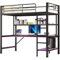 Merax Hoogslaper 90x200 cm - Met bureau - Opbergrek - USB en stopcontact - LED verlichting - Metalen - Zwart