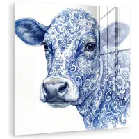 MuchoWow Glasschilderij 90x90 cm - Schilderij acrylglas - Illustratie - Koe - Blauw - Foto op glas - Muurdecoratie woonkamer - Wanddecoratie slaapkamer - Schilderijen