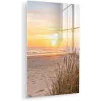 MuchoWow Glasschilderij 60x90 cm - Schilderij acrylglas - Zonsondergang - Duinen - Zee - Foto op glas - Muurdecoratie woonkamer - Wanddecoratie slaapkamer - Schilderijen