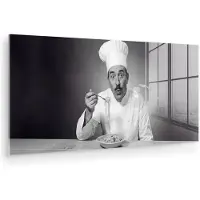 MuchoWow Glasschilderij 160x80 cm - Schilderij acrylglas - Chef - Spaghetti - Pasta - Foto op glas - Muurdecoratie woonkamer - Wanddecoratie slaapkamer - Schilderijen