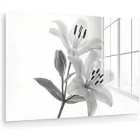 MuchoWow Glasschilderij 120x80 cm - Schilderij acrylglas - Lelies - Elegant - Zwart - Wit - Foto op glas - Muurdecoratie woonkamer - Wanddecoratie slaapkamer - Schilderijen