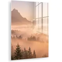 MuchoWow Glasschilderij 30x40 cm - Schilderij acrylglas - Zonlicht - Mist - Bergen - Bomen - Foto op glas - Muurdecoratie woonkamer - Wanddecoratie slaapkamer - Schilderijen