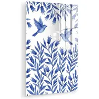 MuchoWow Glasschilderij 60x90 cm - Schilderij acrylglas - Modern - Vogels - Delfts - Blauw - Foto op glas - Muurdecoratie woonkamer - Wanddecoratie slaapkamer - Schilderijen