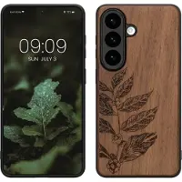 Kwmobile telefoonhoesje geschikt voorSamsung Galaxy S26 - Hoesje met bumper - hout - In donkerbruin Bladertak design