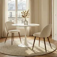 Glamour Luxe Compacte Ronde Eetset met Keramische Tafel 80x73 cm en 2 Velvet Stoelen Beige/Wit LOIRE/NAVIA