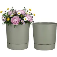 Mica Decorations Bloempot Coco - 2x - met onderschaal - olijfgroen - H30 x D28 cm - kunststof - buiten