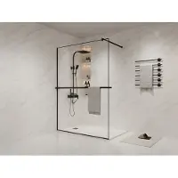 Vente-unique Italiaanse douchewand met handdoekhouder en plankje - 140 x 200 cm - Mat zwart - BONPERO