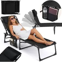 Sarcia.eu Ligbed Zwarte tuinstoel met hoofdsteun en opbergvak, ligstoel, strandstoel 190x58x30cm