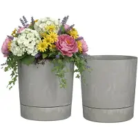 Mica Decorations Bloempot Coco - 2x - met onderschaal - betongrijs - H30 x D28 cm - kunststof - buiten