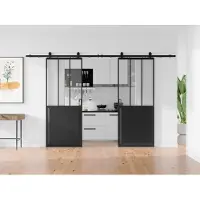 Vente-unique Dubbele zwevende schuifdeur met opbouwsysteem - Zwart en gehard glas - 2 x H205 x L83 cm - ARTISTO II