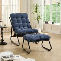 Sweiko Tuinstoel - Inclusief hocker - Relaxstoel - Met kussens - Metalen frame - Corduroy - Donkerblauw