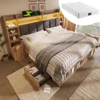 STILVORA Tweepersoonsbed 160x200 cm – LED-Hoofdbord met USB en USB-C – Opbergruimte en Rolschuifladen – Zonder Matras – Eikenkleur