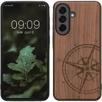 Kwmobile telefoonhoesje geschikt voorSamsung Galaxy A57 5G - Hoesje met bumper - hout - In donkerbruin Vintage Kompas design