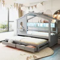 STILVORA Kinderbed 90x200 cm – Huisbed Met Uitschuifbed, Lades En Led – Usb-C Opladen – Massief Hout – Grijs – Zonder Matras