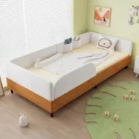 MODFU Kinderbed 90x200 cm – Gestoffeerd met 2 opbergvakken – Omlopende rand – Fluweel en hout – Wit/naturel