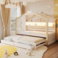 Flieks kinderbed, huisbed met uitschuifbed, 90x190 cm, houten kinderbed, eenpersoonsbed met LED-verlichting en oplaadstation, kinderbed met lades, in natuurlijke staat