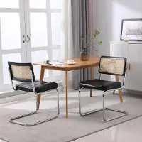 Glamour Luxe Industriële Eetkamerstoelen Set van 2 – Rotan Rugleuning & PU Leder, Ergonomisch Design met Chromen Poten, 61×50×85 cm