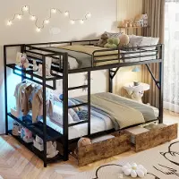 MODFU – Stapelbed – 140x200 cm – LED & 2 Laden – Planken & Kledingstang – Metaal – Zwart