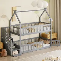MODFU – Stapelbed met Dakframe – 90x200 cm – Opbergladen in Trap – Huisstijl – Massief Grenenhout – Grijs