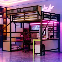 MODFU – Hoogslaper – 140x200 cm – Bureau & Opbergrek – LED & Stopcontact – Metaal – Zwart