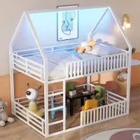 MODFU Stapelbed in Huisvorm 140x200 cm – Met Veiligheidshek & LED-verlichting – Wit Metaal – Magisch Bed voor Kinderslaapkamer