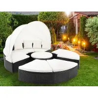 Laura Wicker Tuin Lounge Eiland Ø230 cm met Zonnedak – 2-in-1 Rond Ligbed & Loungeset met Tafel, 7 cm Dikke Kussens, Weerbestendig Poly Rattan – Zwart –