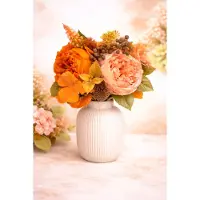 Goods Home - Compleet boeket donker roze - Zijden bloemen - Zalm kleur - excl. Vaas - Hoogte 40 cm