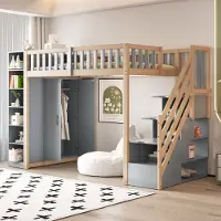 MODFU – Hoogslaper met Kast – 90x200 cm – Ingebouwde Kledingkast & Opbergtrap – Hout – Grijs met Houtkleur