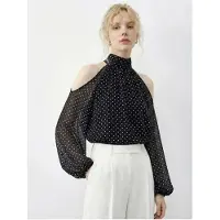 Bianco Polkadot Chiffon Colblouse met Uitsnijding
