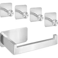 Unyqoos Toiletrolhouder. Geen boren nodig / RVS toiletrolhouder. Zelfklevende toiletrolhouder, zilver + 4 zelfklevende haken. Toiletrolhouder voor de badkamer
