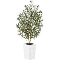 Unyqoos Kunstolijfboom, 150 cm, geschikt voor binnen en buiten – Echte houten stam, 1098 bladeren, 51 olijven, verstelbare takken, witte pot, UV-bestendig
