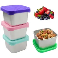 Unyqoos Set van 4 compacte, herbruikbare snack- en sauscontainers, 180 ml, roestvrij staal met siliconen deksel, 6x6x5 cm, stapelbaar, mintgroen/roze/groen/paars