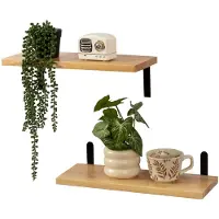Unyqoos Set van twee eikenhouten zwevende wandplanken met zwarte klemmen