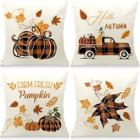 Unyqoos Set van 4 Herfst Kussenslopen met Esdoornblad en Pompoen Motief