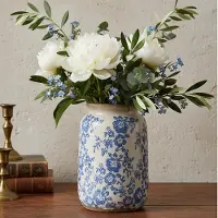 Unyqoos Handgeschilderde keramische vaas met pioenrozenmotief in blauw-wit, 17,5 cm