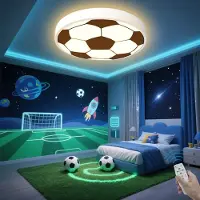 Unyqoos Kinderplafondlamp met Voetbalthema, LED, Dimbaar en Inclusief Afstandsbediening voor Slaapkamer diameter 40 cm