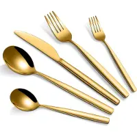 Unyqoos 30-delige bestekset goud voor 6 personen – roestvrij staal, bestaande uit: 6 messen, 6 tafelvorken, 6 lepels, 6 theelepels, 6 dessertvorken, spiegelglad gepolijst, vaatwasmachinebestendig